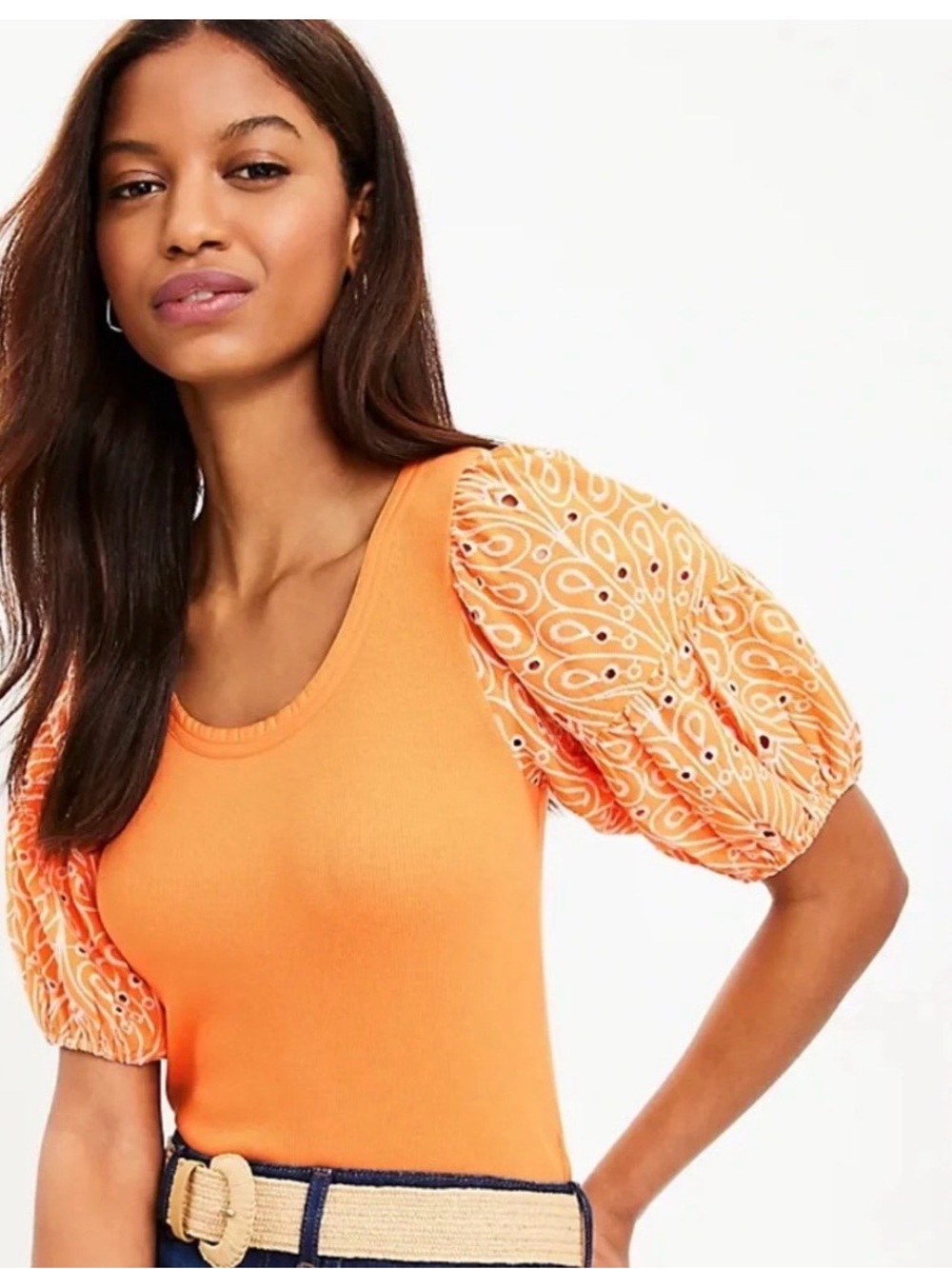 Loft Orange Puff-Sleeve Lace Top Size Small